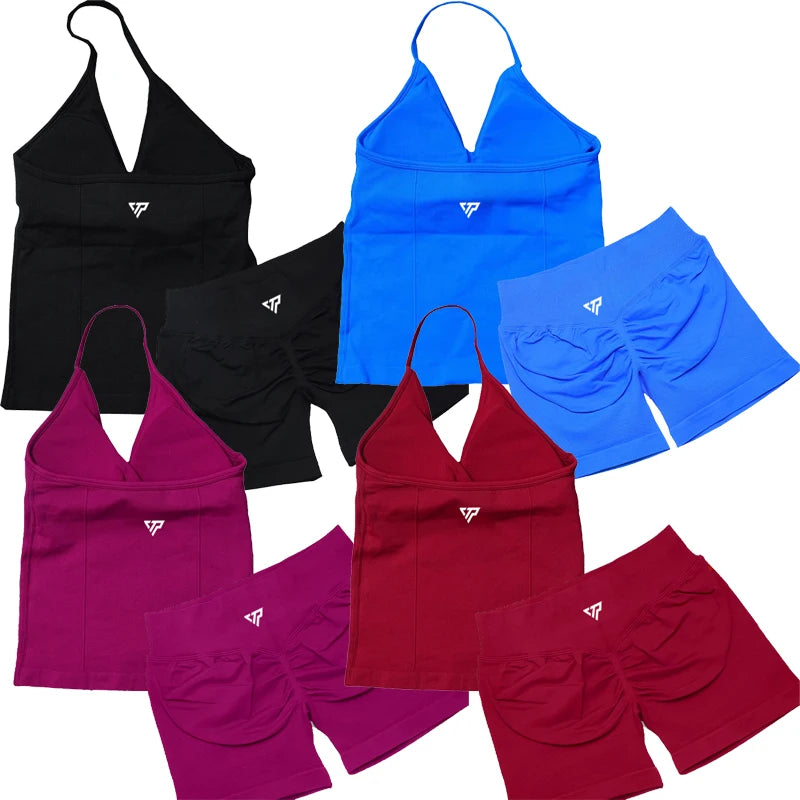 Seamless Lace-Up Bra and Shorts Yoga Set for Women