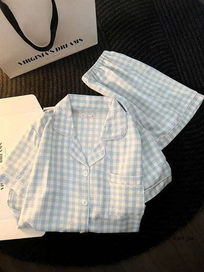 Japanese Minimalist Women's Pink Plaid Pajamas