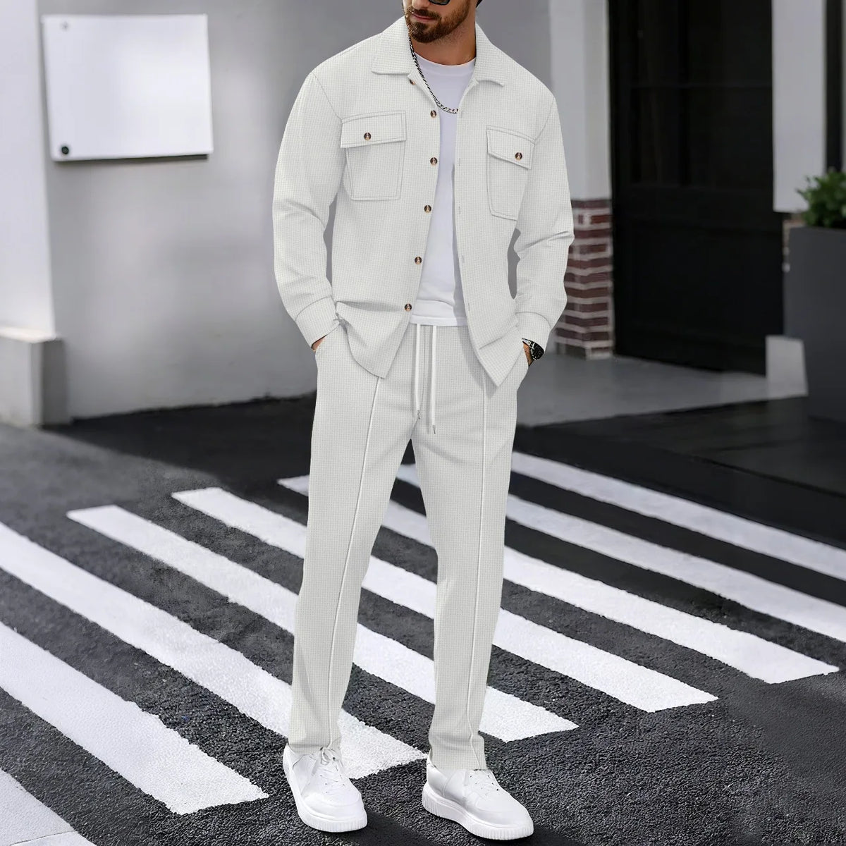 Men's Solid Color Waffle Longsleeved Pants Set