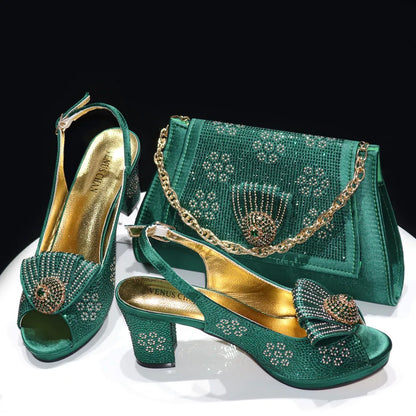 Golden Wedding Shoes And Bag Set With Diamond Decoration