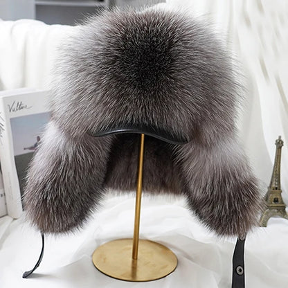 Men's Real Silver Fox Fur Bomber Hat