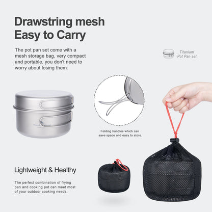 Titanium Pot Pan Set with Folding Handles for Camping