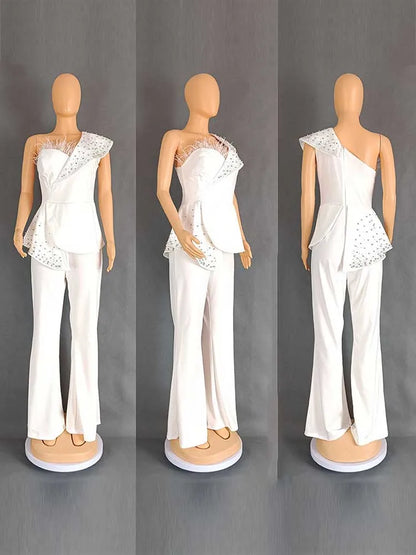 High Waist Strapless Jumpsuit with Rivet Collar for Women