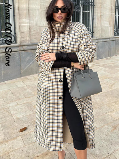 Reversible Plaid Long Trench Coat Women Single Breasted