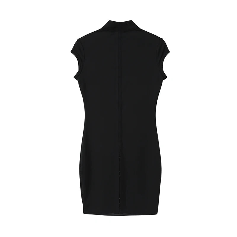 Kpop Black Hollow Out Mini Dress Women Elegant Turtleneck