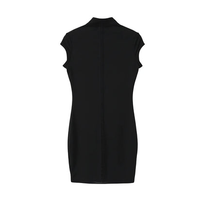 Kpop Black Hollow Out Mini Dress Women Elegant Turtleneck