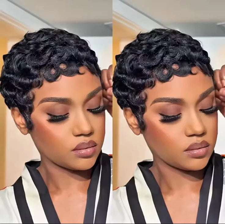 Short Layered Curly Pixie Cut Wig Natural Black