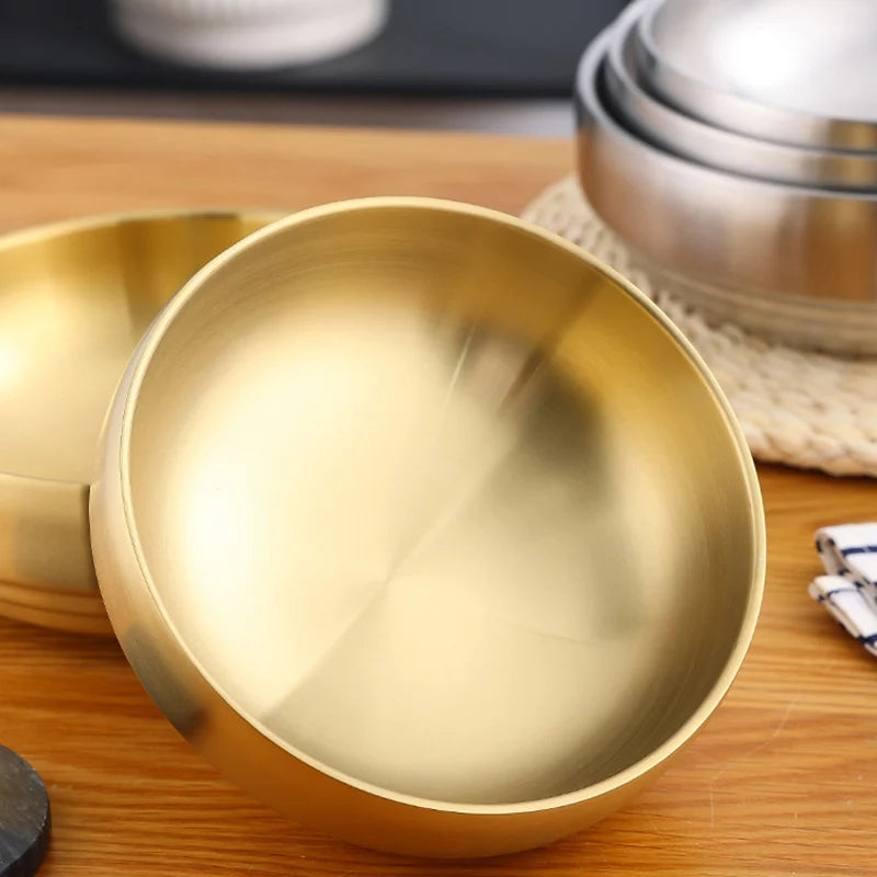 Stainless Steel Double Layer Cold Noodle Bowl Gold Silver