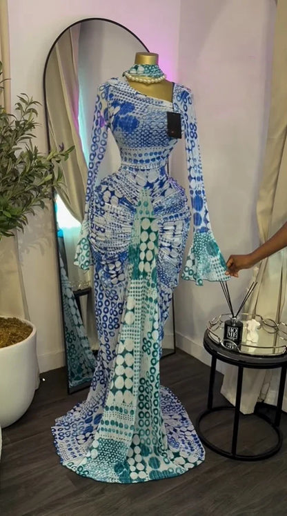 Women Tie Dye Maxi Dress with Skew Neck and Flare Sleeves