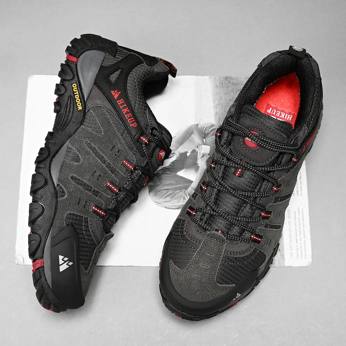 HIKEUP Men's Suede Leather Hiking Shoes Black Gray Khaki