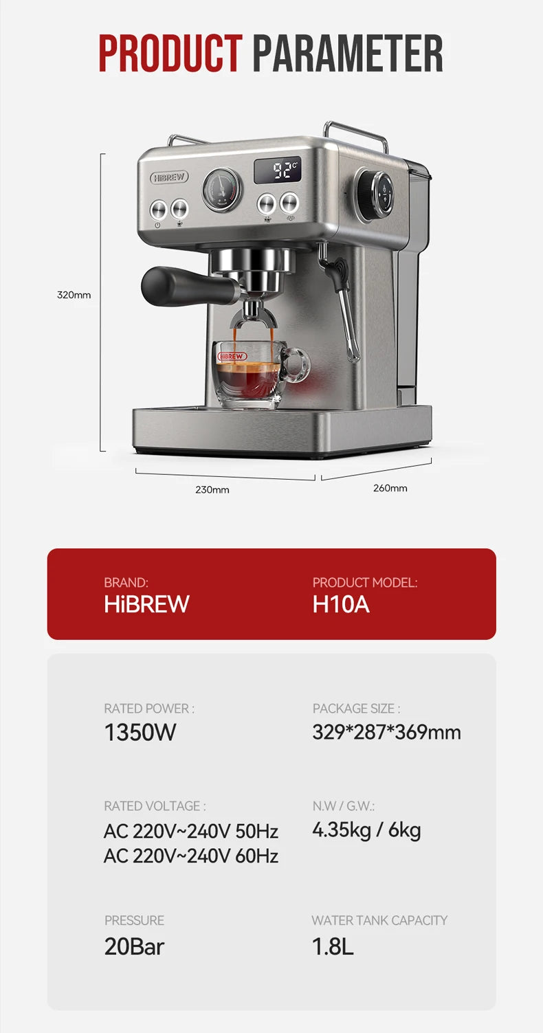 HiBREW 20Bar Semi Automatic Espresso Machine Stainless Steel