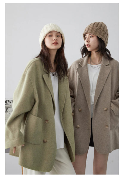 Women's Woolen Double Breasted Jacket Office Lady Outerwear