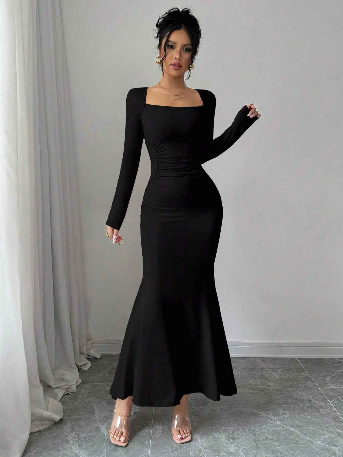 Elegant Retro Solid Color Square Collar Long Sleeve Dress