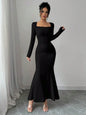 Elegant Retro Solid Color Square Collar Long Sleeve Dress