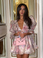 Women Tie-Dye Flower Deep V Neck Flare Sleeve Mini Dress