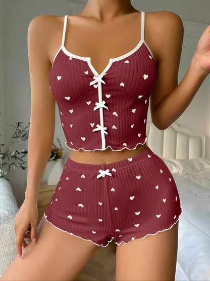 Heart Print Silk Satin Women Pajamas Set