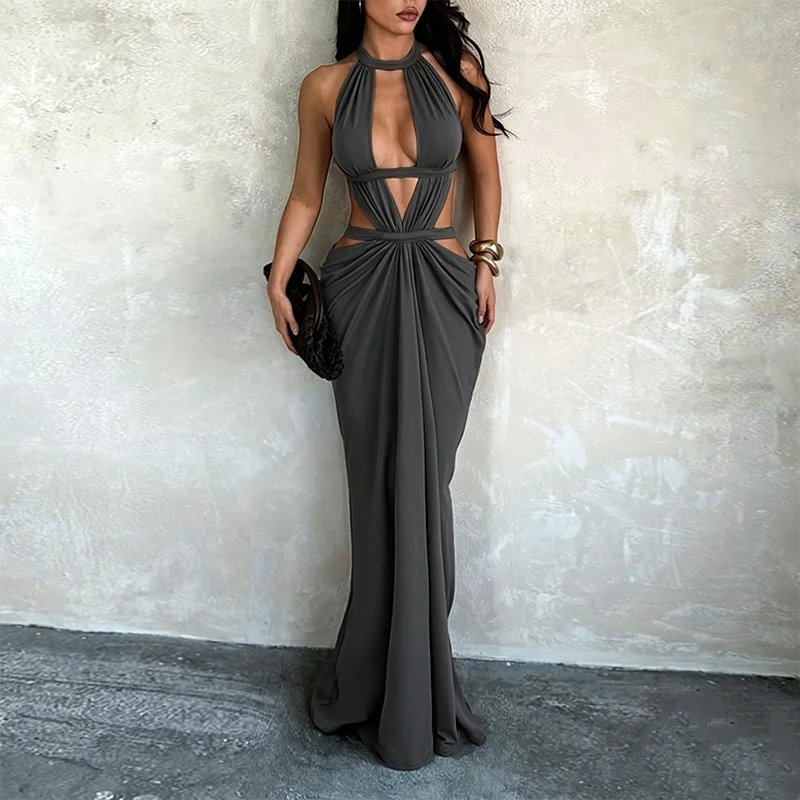 Khaki Halter Cut-Out Maxi Dress for Elegant Parties