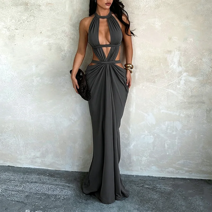 Khaki Halter Cut-Out Maxi Dress for Elegant Parties