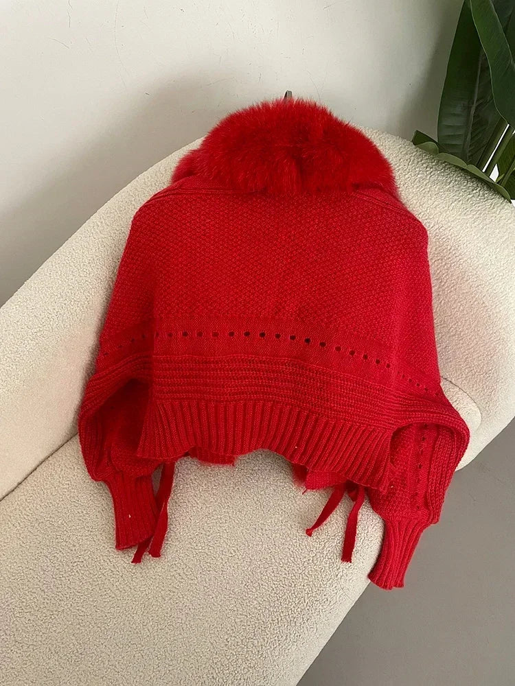 Knitted Cardigan Coat for Women with Real Fox Fur