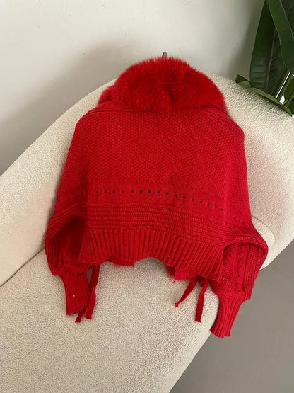 Knitted Cardigan Coat for Women with Real Fox Fur
