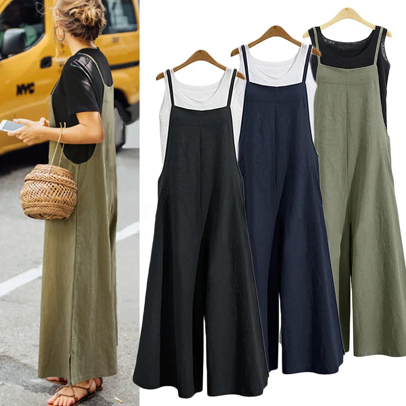 Women’s Cotton Linen Wide Leg Jumpsuit 5XL