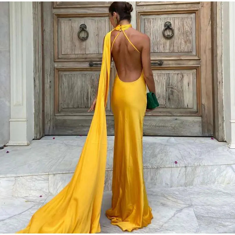Elegant Halter Dress Women Solid Backless Maxi Dress