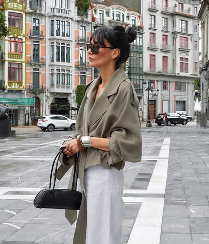 Lapel Lace Up Trench Coat Women Casual Long Sleeve