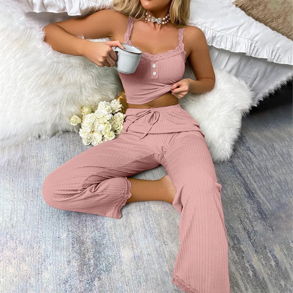 Women Autumn Pajama Set Sexy Sleepwear Trousers
