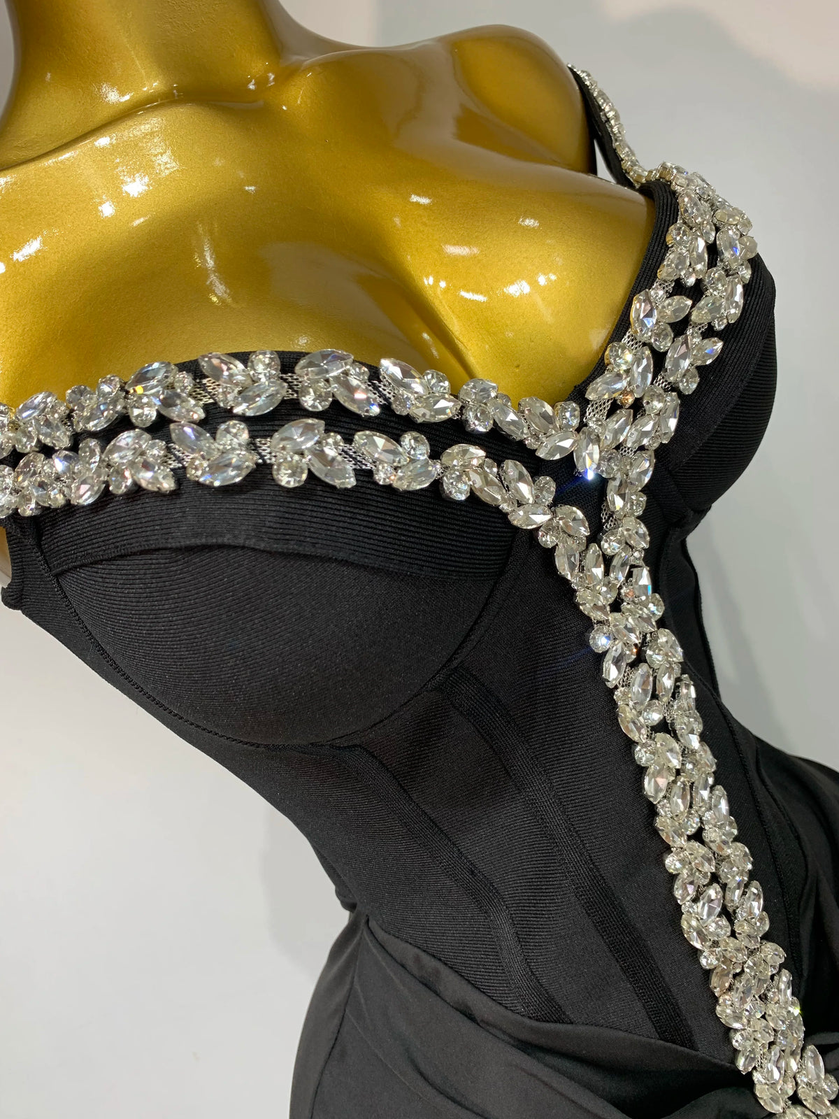Black Off Shoulder Bodycon Dress with Diamonds