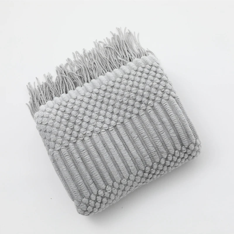 Khaki Knitted Acrylic Blanket with Tassels