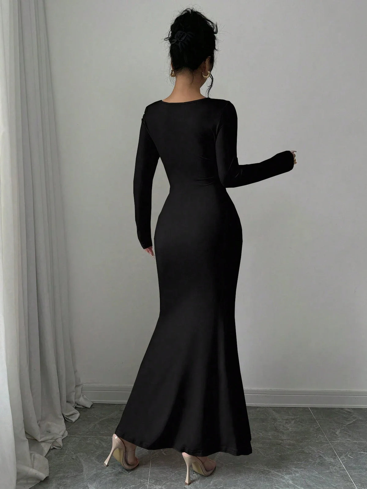 Elegant Retro Solid Color Square Collar Long Sleeve Dress