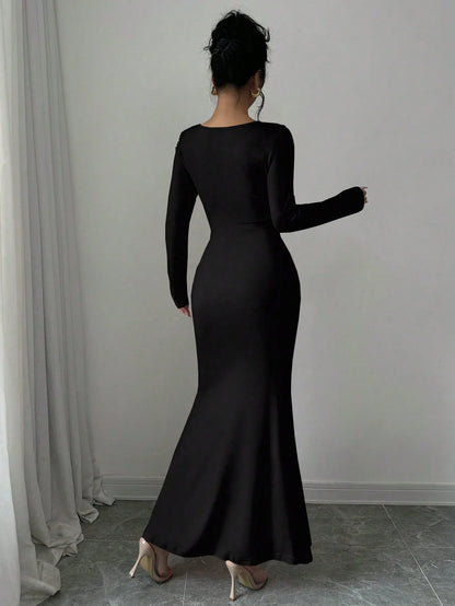 Elegant Retro Solid Color Square Collar Long Sleeve Dress