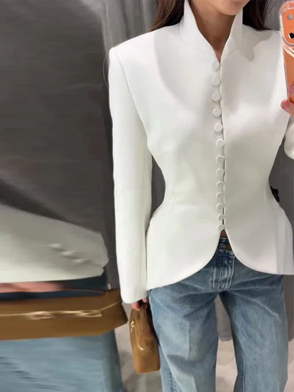 Chic Waist Cinched Women's Blazer Coat with Stand Collar