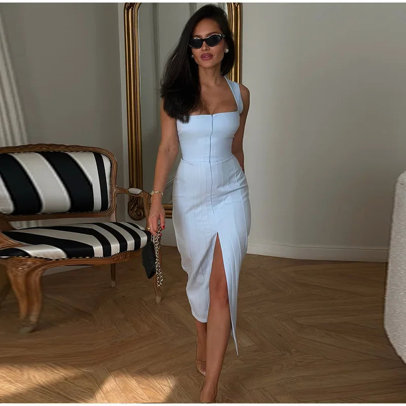 Solid Square Neck Midi Dress Women Zip Up Sleeveless