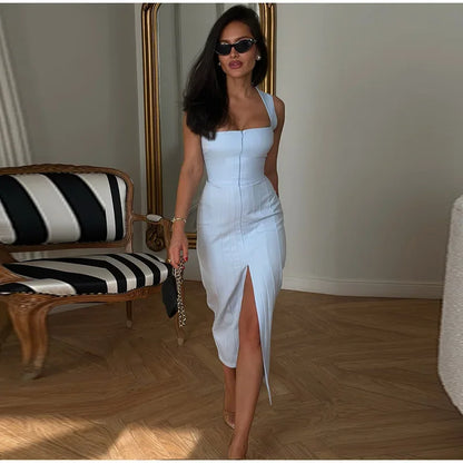 Solid Square Neck Midi Dress Women Zip Up Sleeveless