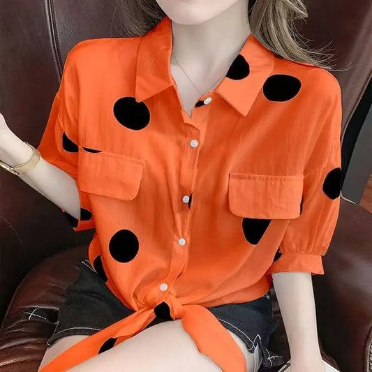 Polka Dot Chiffon Shirt for Women with Lace-Up Detail