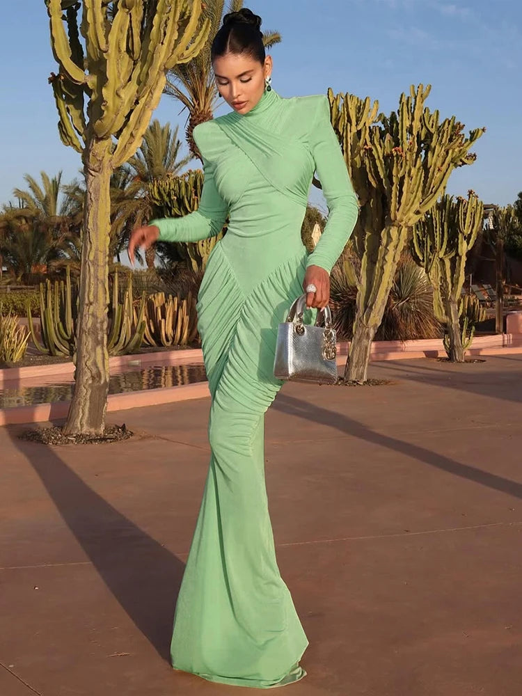 Maxi Dress Women Turtleneck Full Sleeve Backless