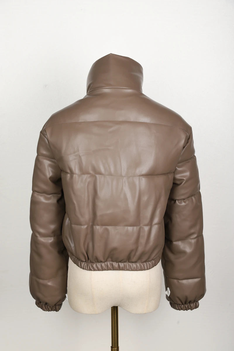 Black PU Leather Women's Winter Parka Jacket