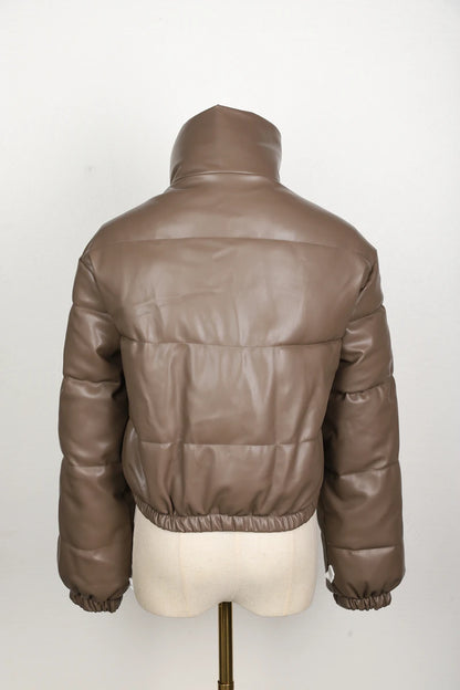 Black PU Leather Women's Winter Parka Jacket