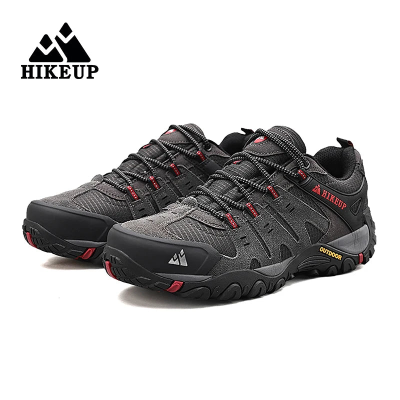 HIKEUP Men's Suede Leather Hiking Shoes Black Gray Khaki