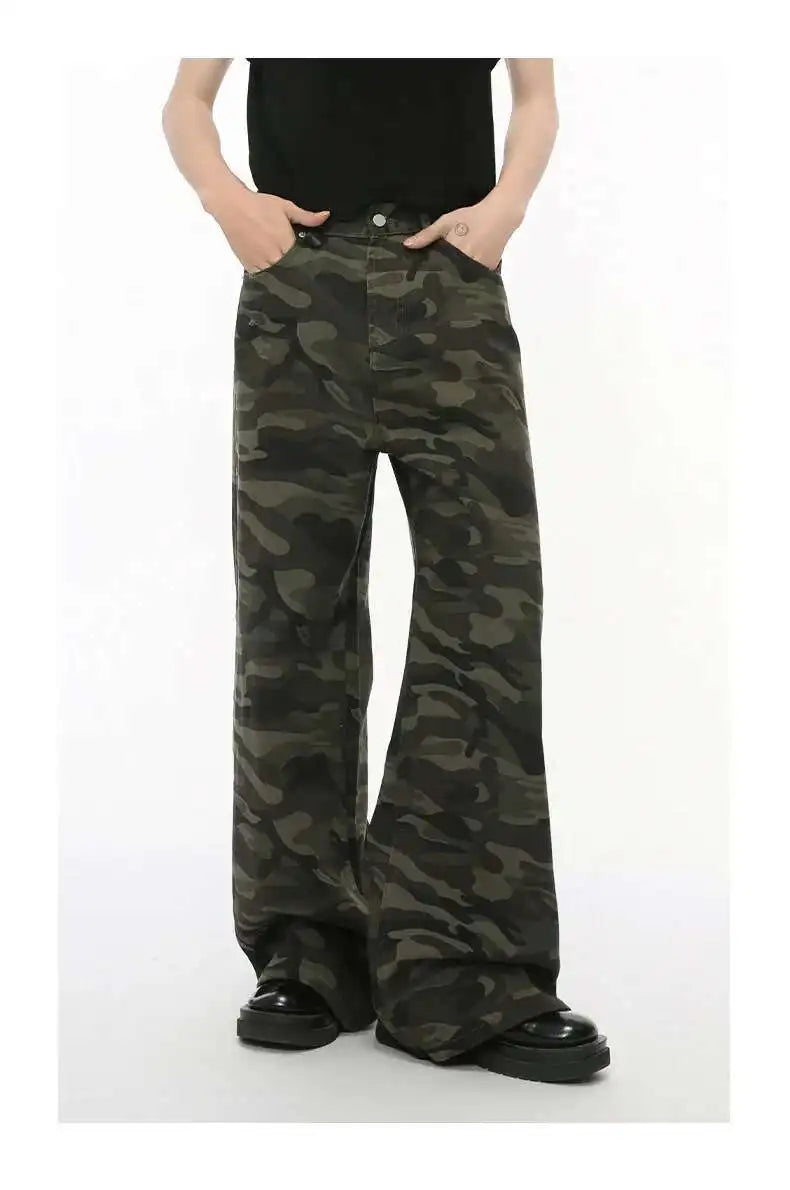 IEFB Vintage Camouflage Men's Loose Denim Jeans Old Blue