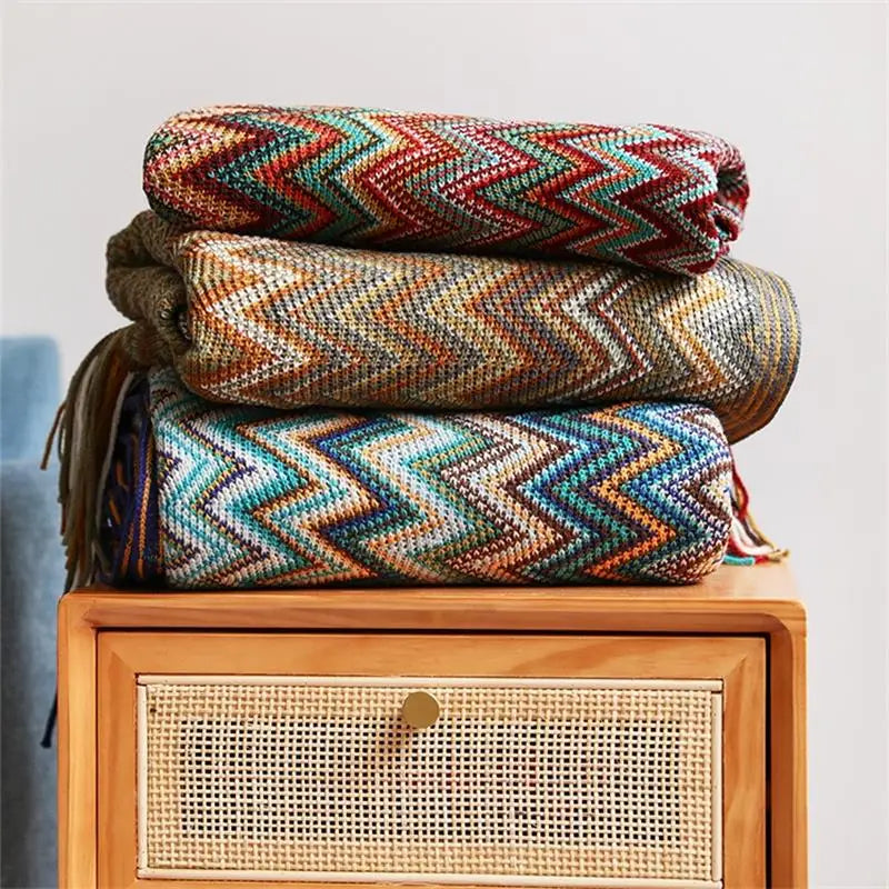 Bohemian Acrylic Hand Knitted Blanket with Tassels