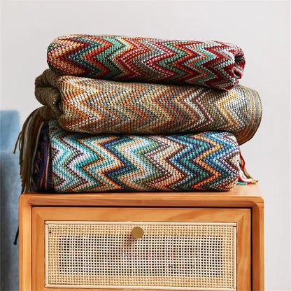 Bohemian Acrylic Hand Knitted Blanket with Tassels