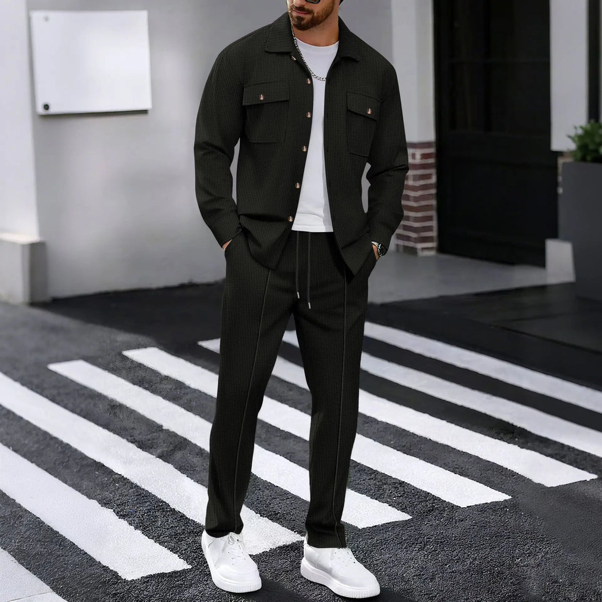 Men's Solid Color Waffle Longsleeved Pants Set
