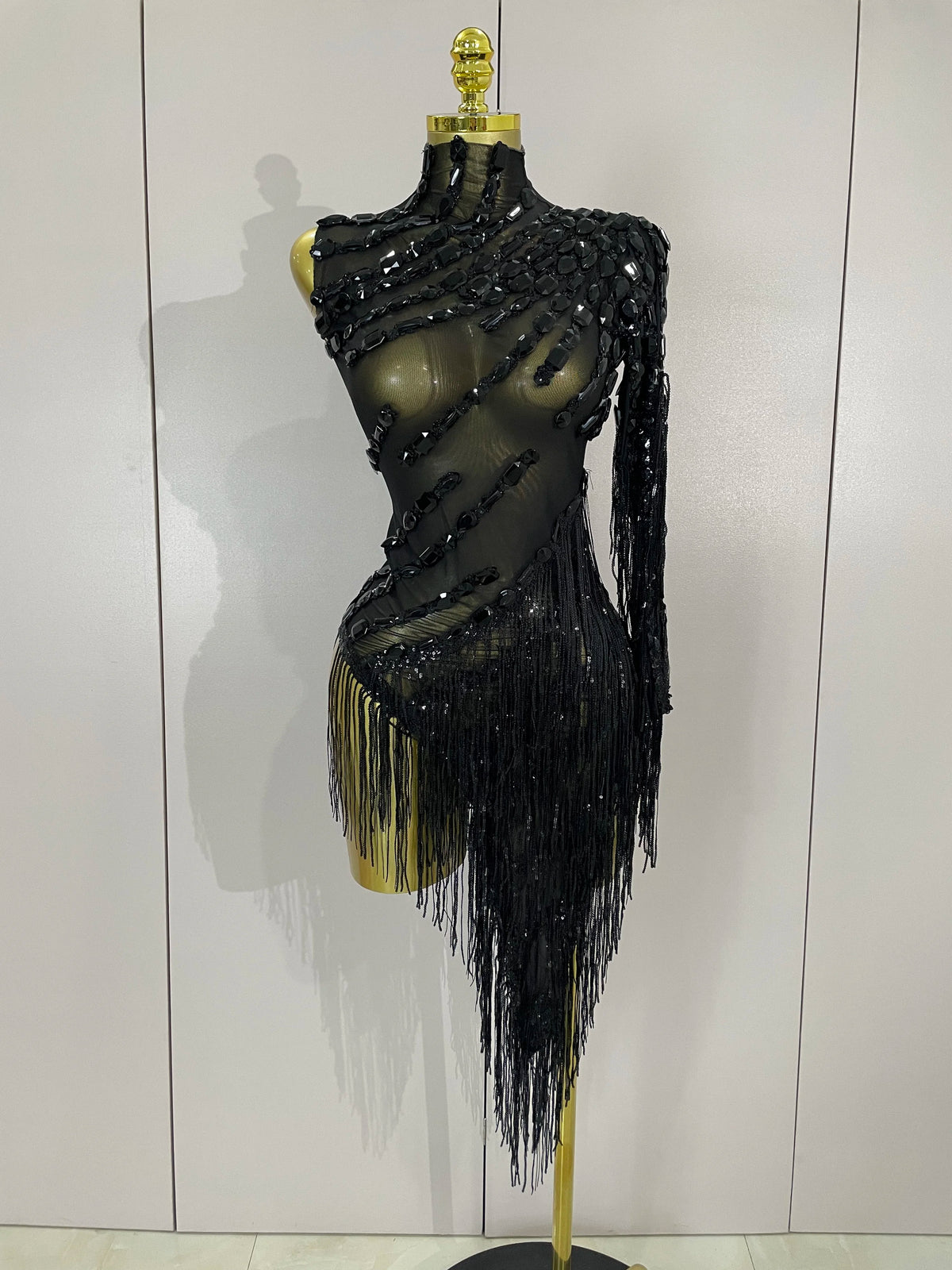 Sparkly Rhinestones One Shoulder See-Through Dress