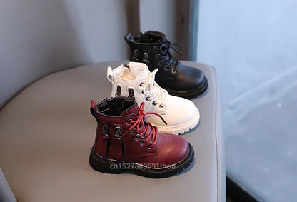 Burgundy PU Leather Ankle Boots for Kids
