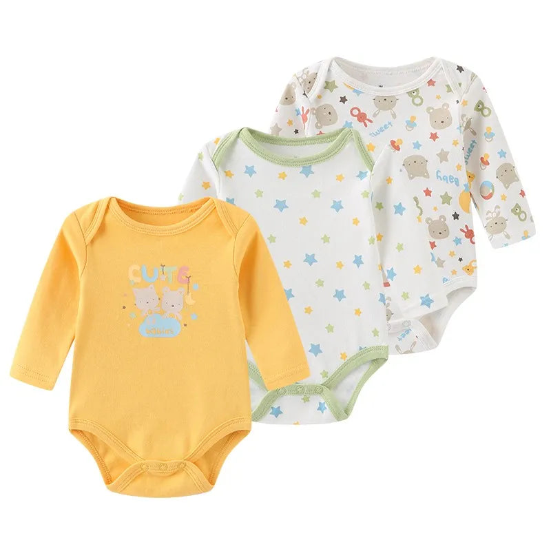 Kiddiezoom 3 Pcs Cotton Long Sleeve Baby Bodysuit