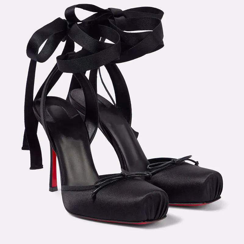 High-Heeled Satin Bow Ankle Strap Sandals for Women