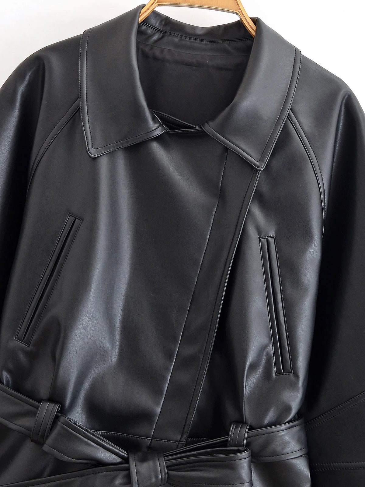 Black Faux Leather Vintage Trench Coat for Women