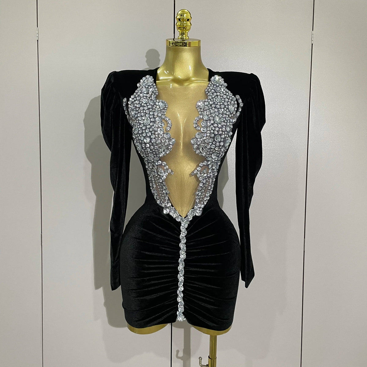White Velvet Sexy Mesh Short Dress with Crystals